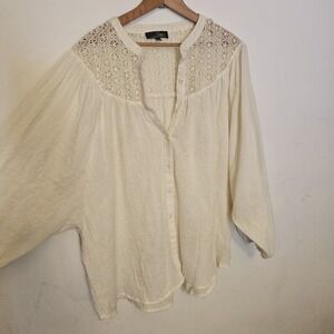 Suzanne Betro 1x Women's Top Blouse Crochet Detail‎ Flowy Boho Balloon Sleeve